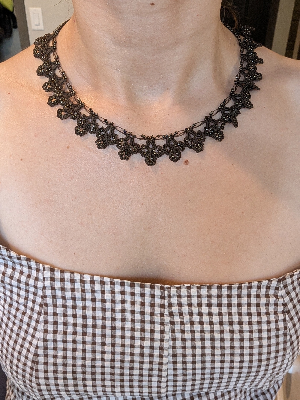 Brown Beaded Elegant Floral Lace Choker Necklace - Hand made in Turkey